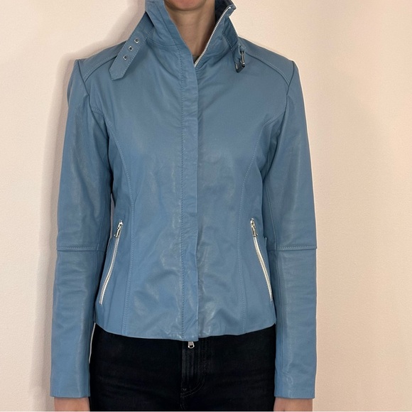 HOPE blue faux leather moto jacket size small - Picture 1 of 7